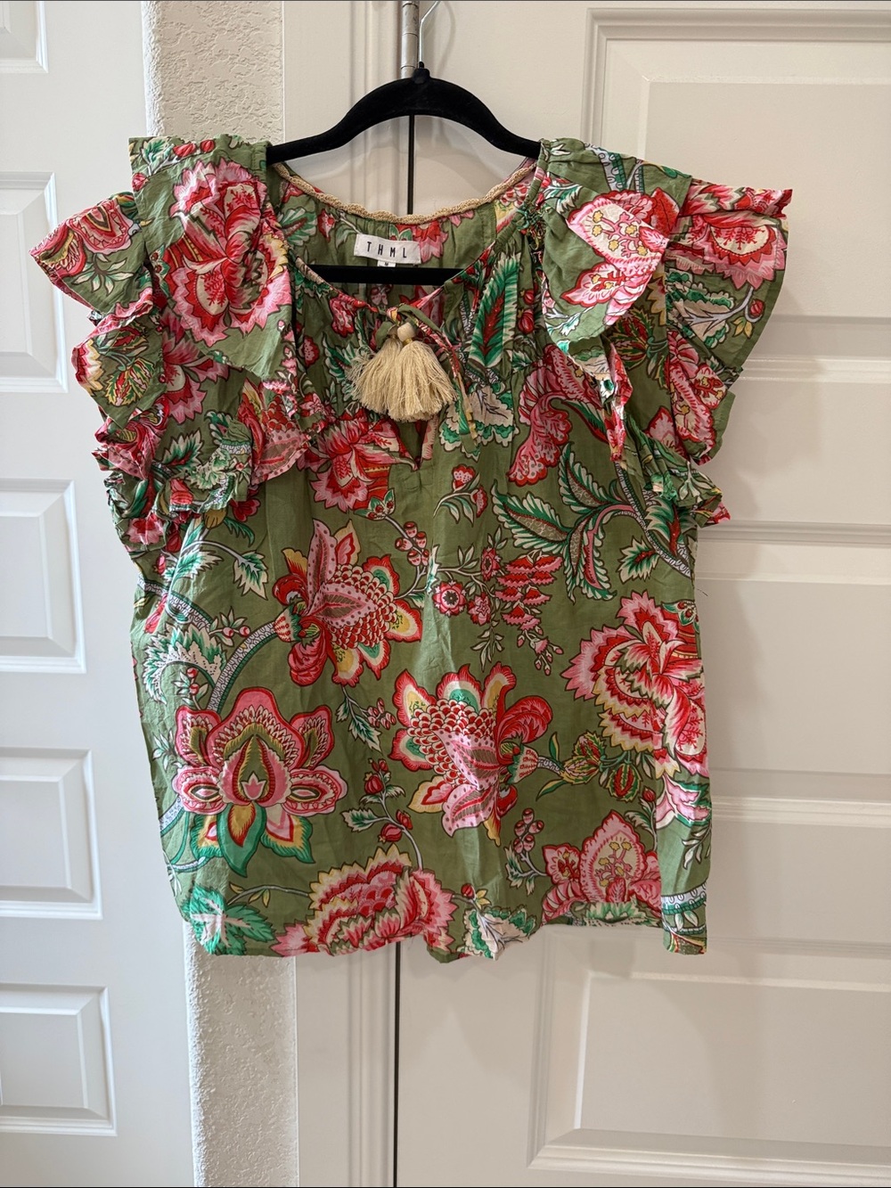 THML Olive Green Floral Ruffle-Sleeveless Top with Tassel Tie